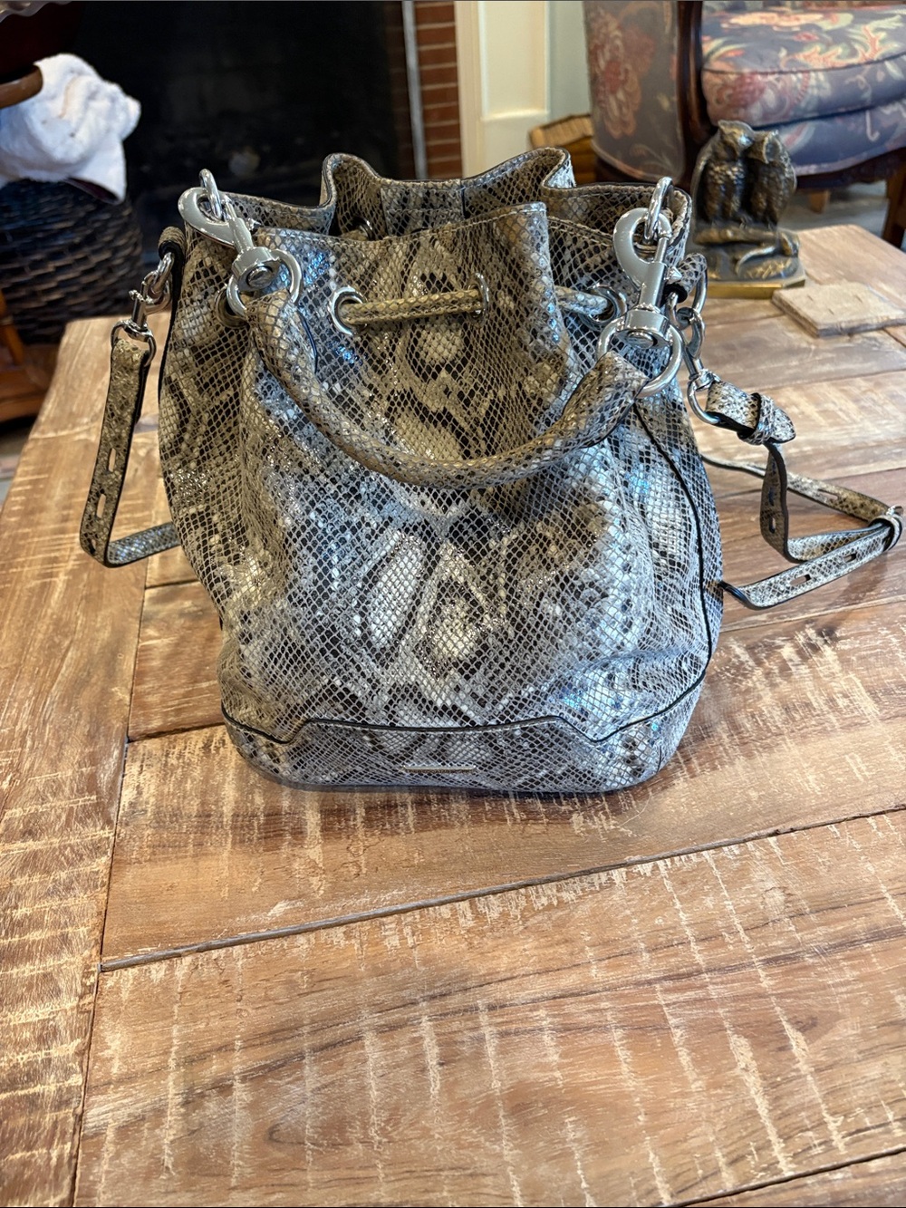 Rebecca Minkoff Snakeskin Printed Leather Bucket Drawstring Purse Handbag Bag